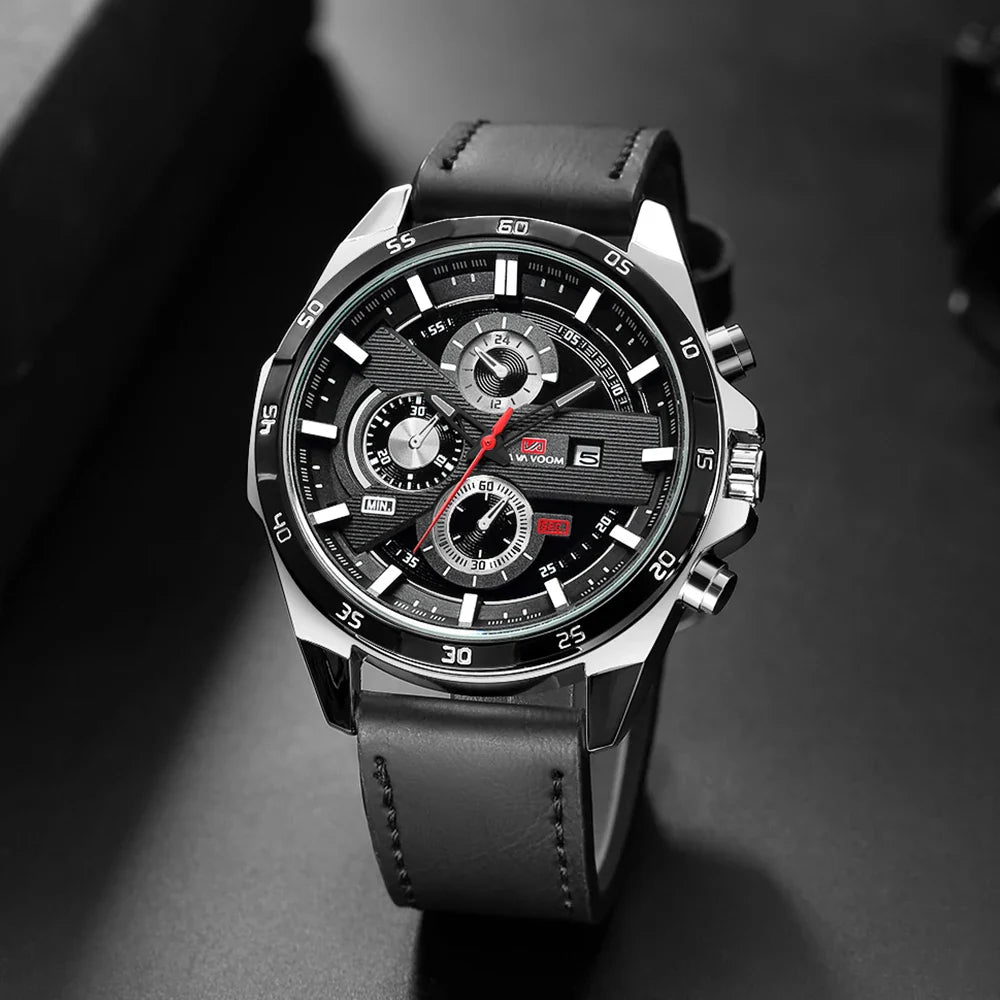 Bruce | Men's 46mm Leather Racing-Inspired Sports Watch - Casual Fashion Statement