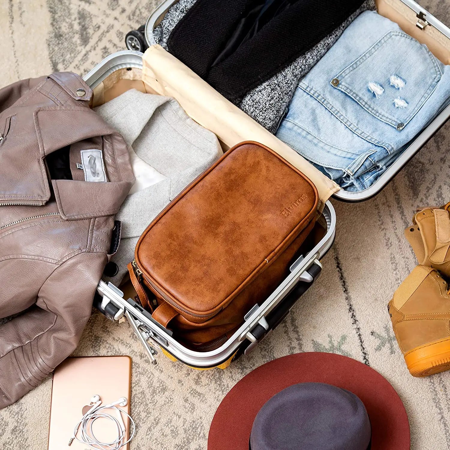 Men's Leather Travel Organizer - Waterproof Executive Toiletry Bag
