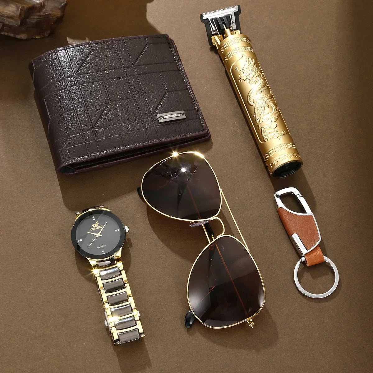 Beni | Sophisticated Men's Accessory Collection: 5-Piece Gift Set Featuring Round Quartz Watch, Steel Belt, Custom Wallet, and Shaving Razor