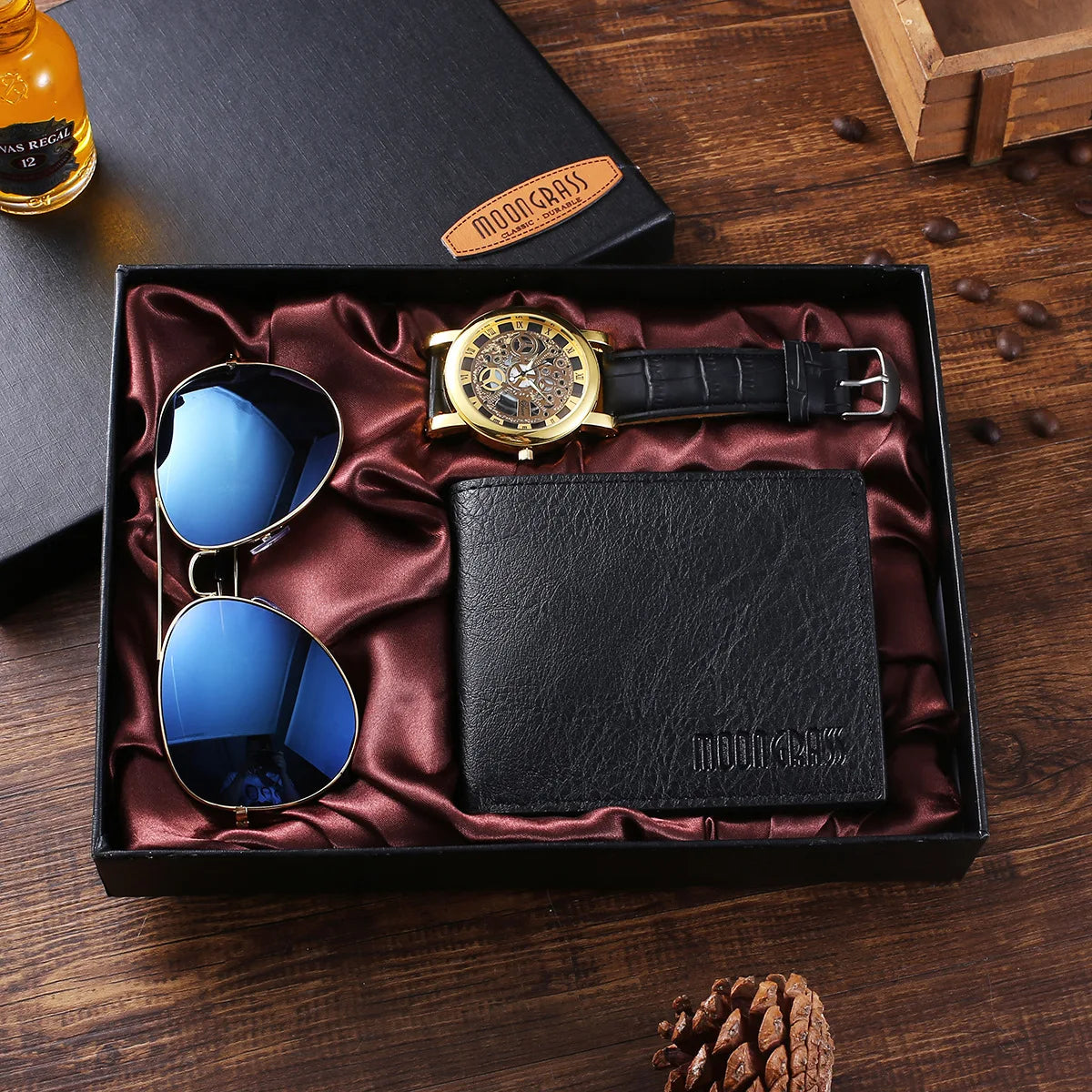 Don | Men's Boutique Gift Set: Large Dial Quartz Watch, Wallet, and Round Sunglasses - Chic Elliptical Design