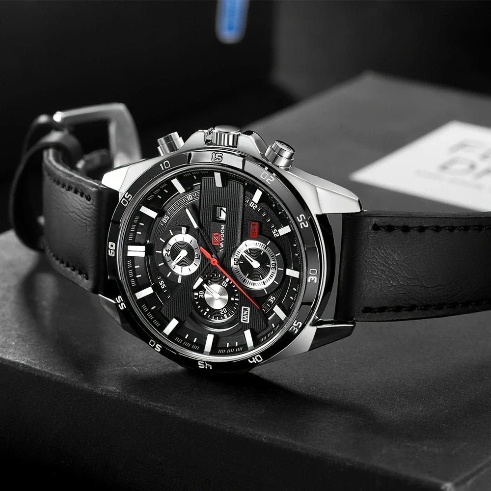 Bruce | Men's 46mm Leather Racing-Inspired Sports Watch - Casual Fashion Statement