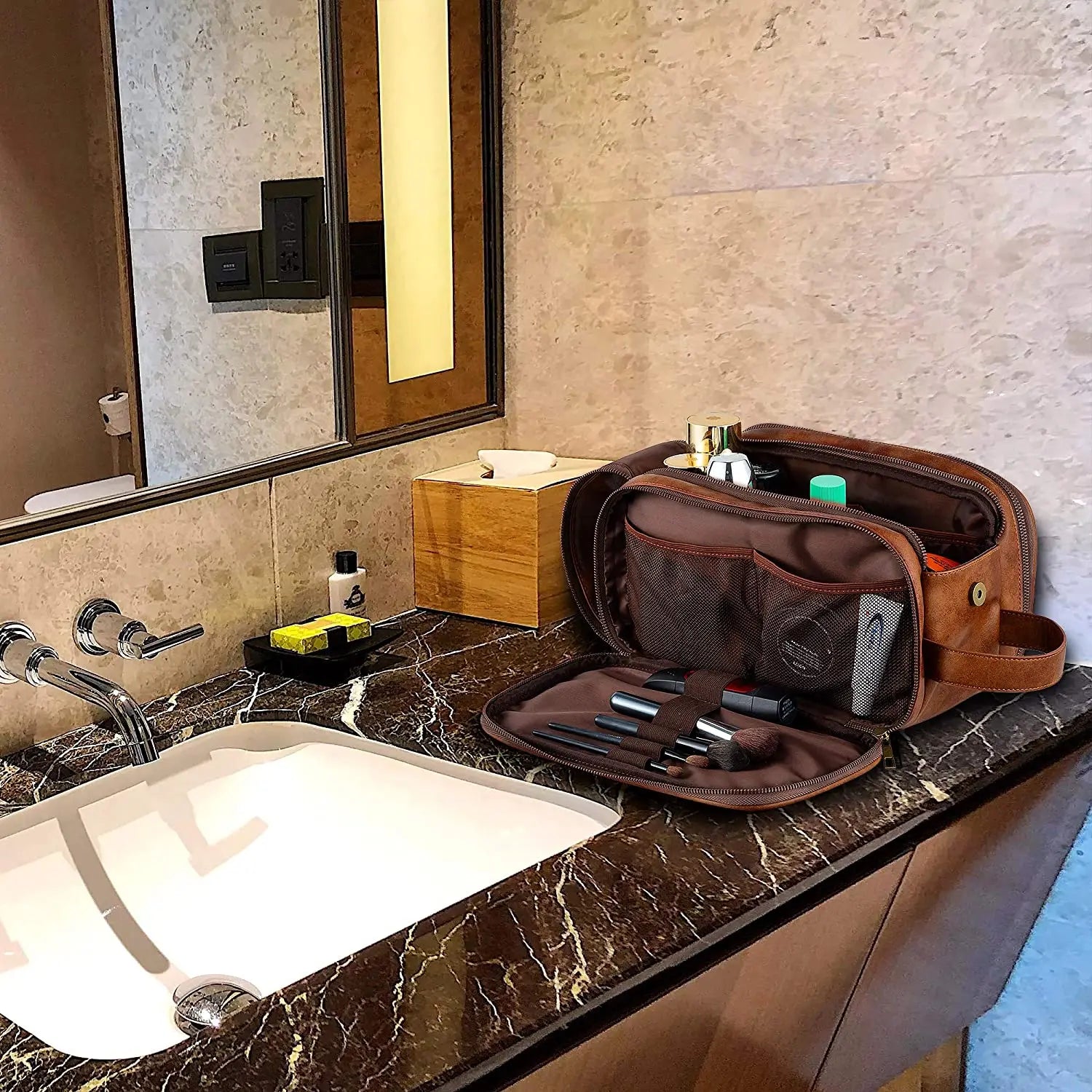 Men's Leather Travel Organizer - Waterproof Executive Toiletry Bag