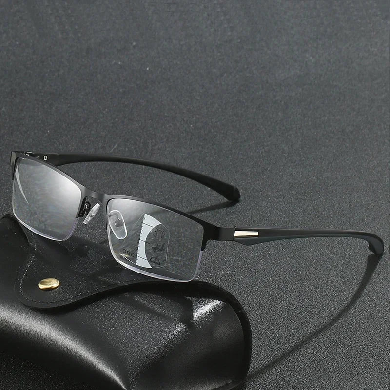 Godfrey Men's Progressive Multifocal Photochromic Reading Glasses - Anti-Blue Light Half-Frame Business Eyewear