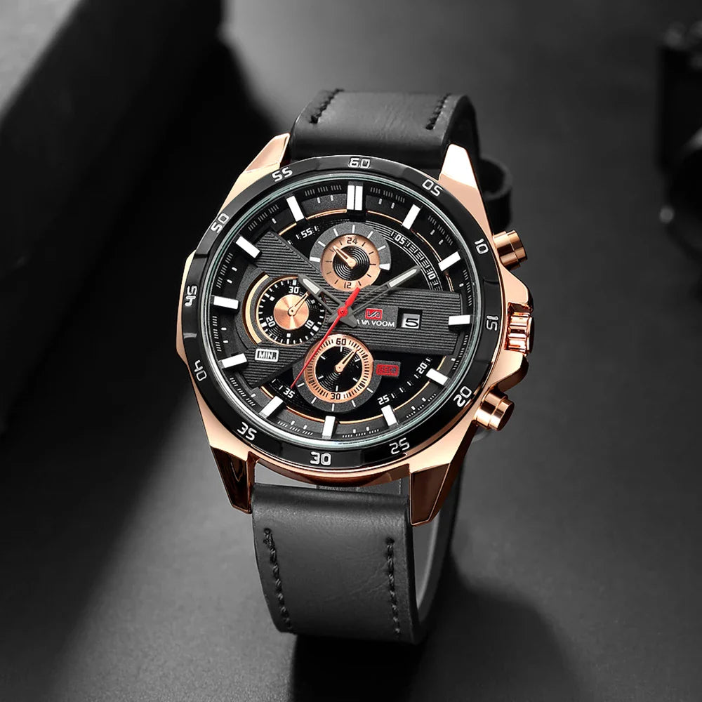 Bruce | Men's 46mm Leather Racing-Inspired Sports Watch - Casual Fashion Statement
